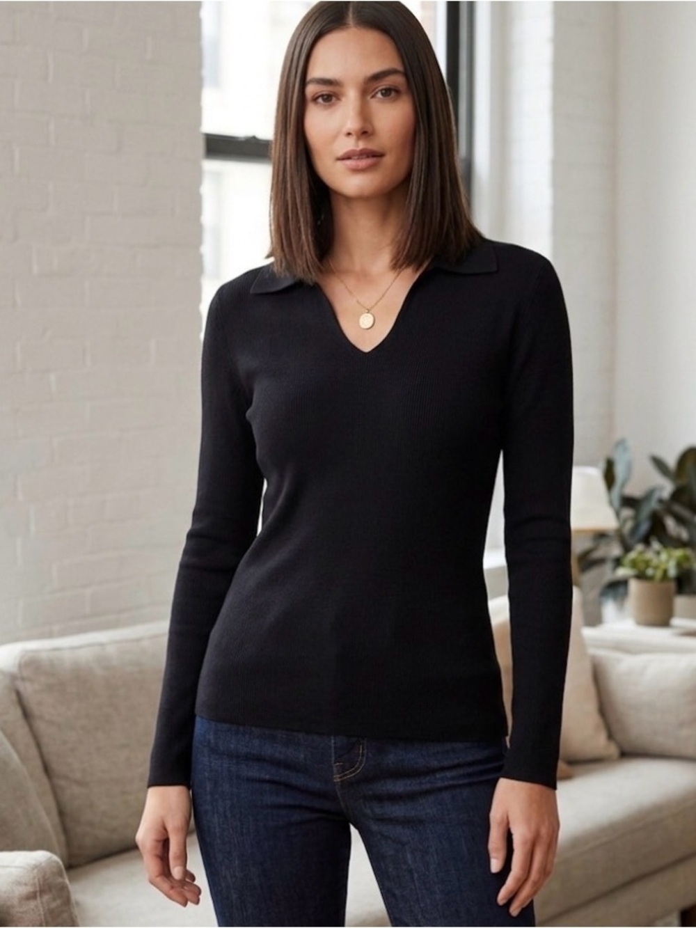 Pendleton Classic Black Women's Collared V-neck Knit Blouse size large